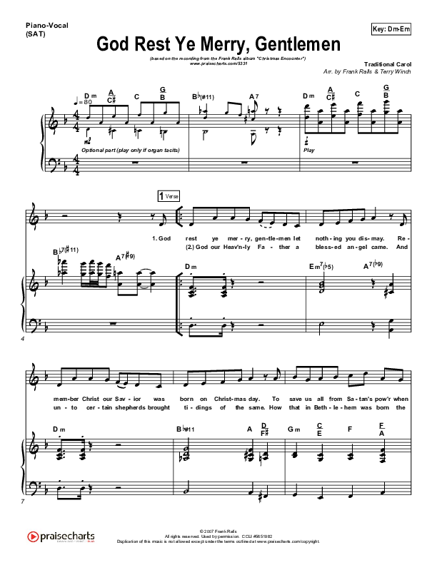God Rest Ye Merry Gentlemen Piano/Vocal & Lead (Frank Ralls)