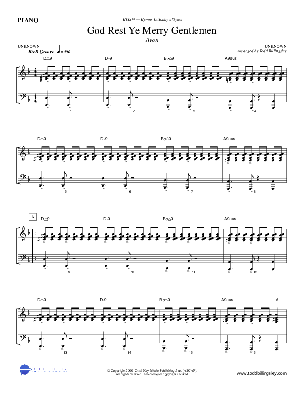 God Rest Ye Merry Gentlemen Piano Sheet (Todd Billingsley)