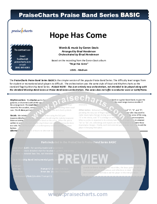 Hope Has Come Cover Sheet (Geron Davis / Bradley Knight)