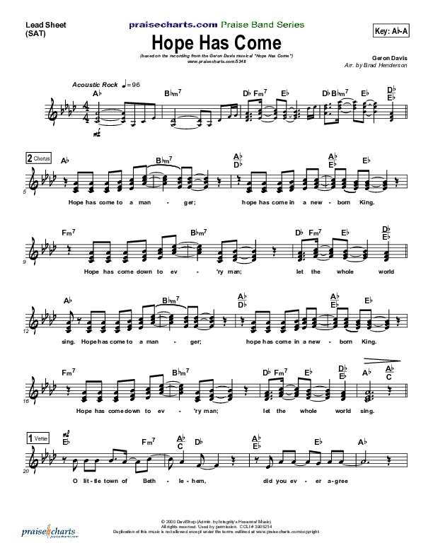 Hope Has Come Lead Sheet (SAT) (Geron Davis / Bradley Knight)