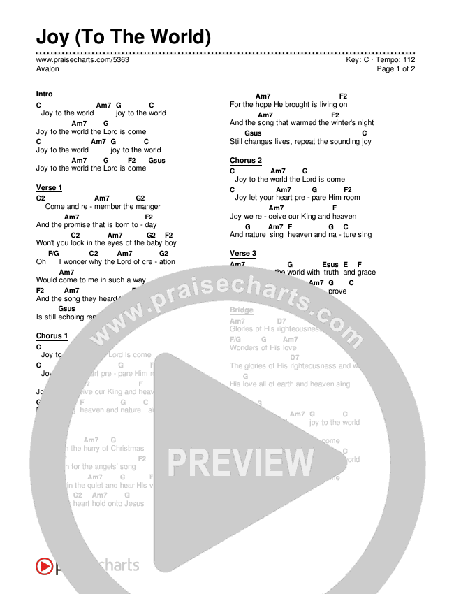 Joy (To The World) Chords & Lyrics (Avalon)