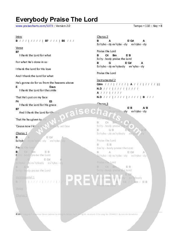 Everybody Praise The Lord Chord Chart (Lincoln Brewster)