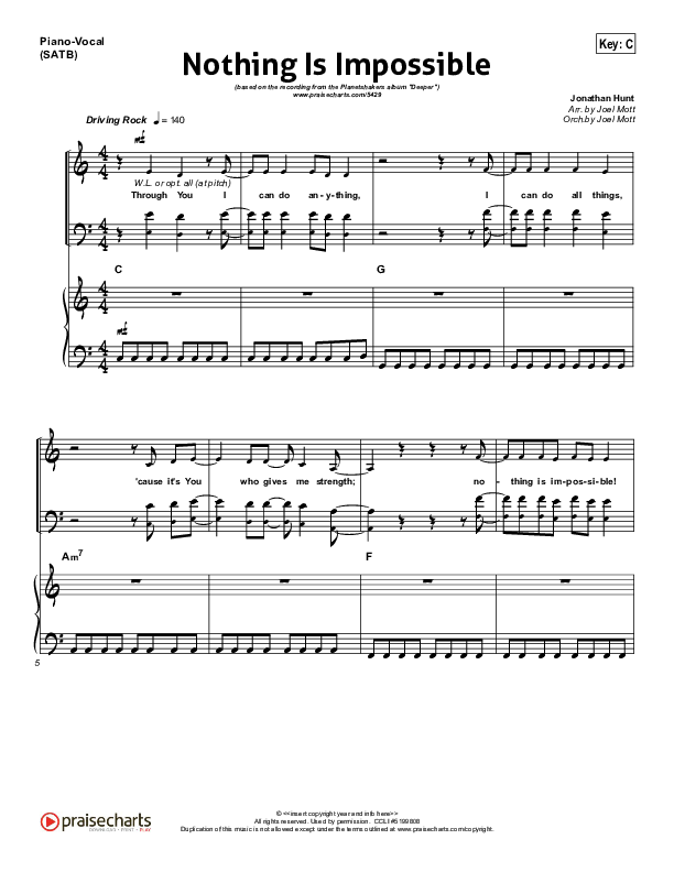 Nothing Is Impossible Piano/Vocal (SATB) (Planetshakers)
