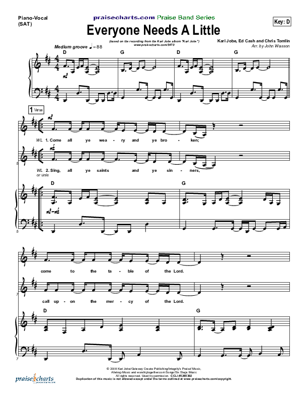 Everyone Needs A Little Piano/Vocal (SAT) (Kari Jobe)
