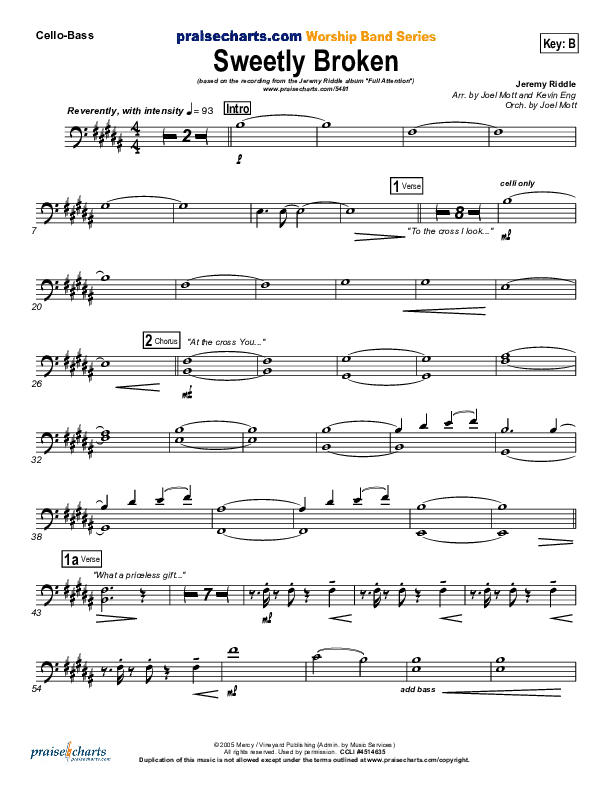 Sweetly Broken Cello/Bass (Jeremy Riddle)