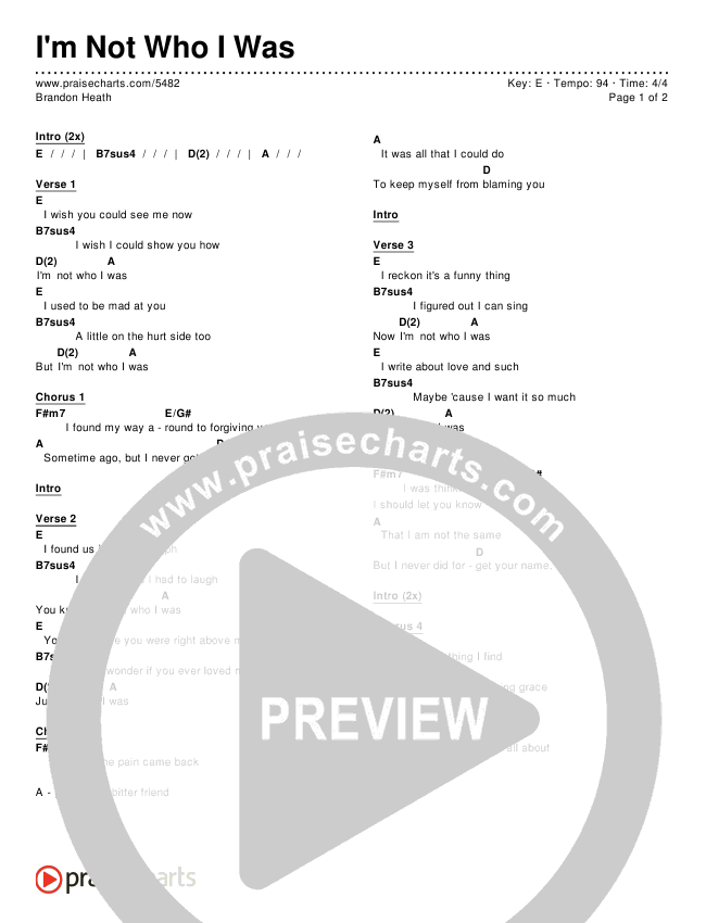 I'm Not Who I Was Chords & Lyrics (Brandon Heath)