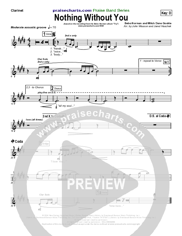 Nothing Without You Clarinet (Bebo Norman)