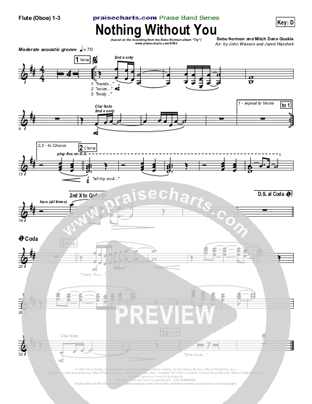Nothing Without You Flute/Oboe 1/2/3 (Bebo Norman)