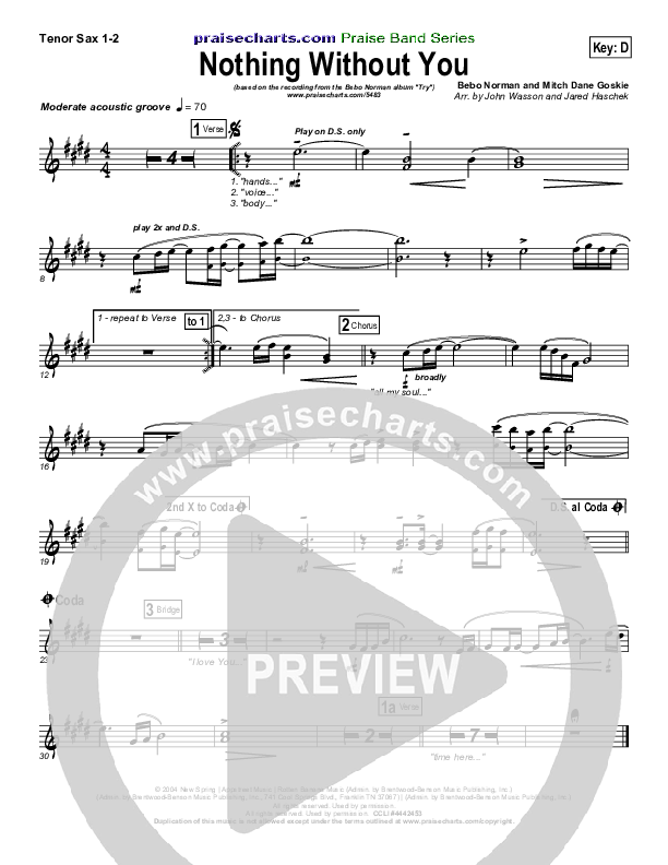 Nothing Without You Tenor Sax 1/2 (Bebo Norman)