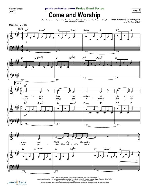 Come And Worship Piano/Vocal (SAT) (Bebo Norman)
