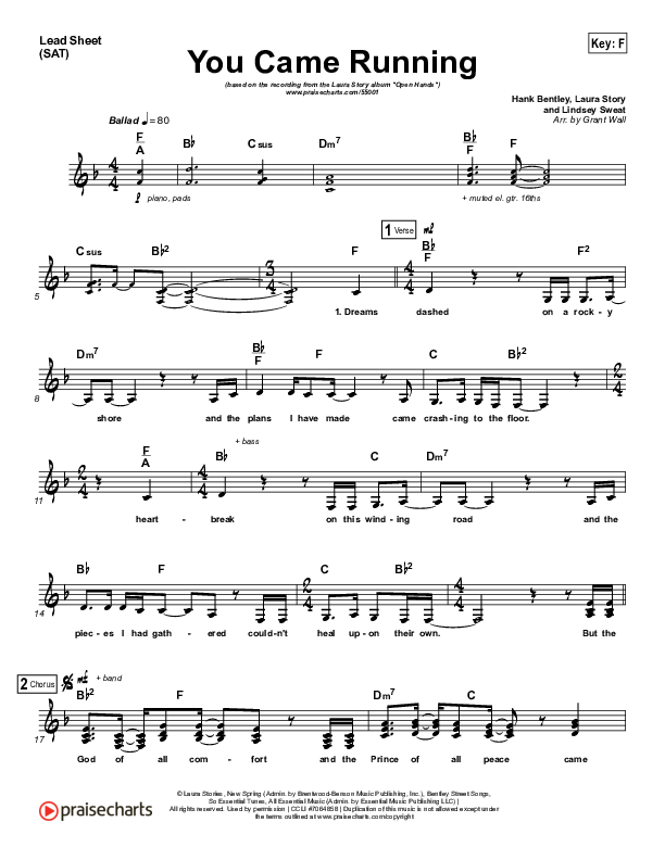 You Came Running Lead Sheet (SAT) (Laura Story)