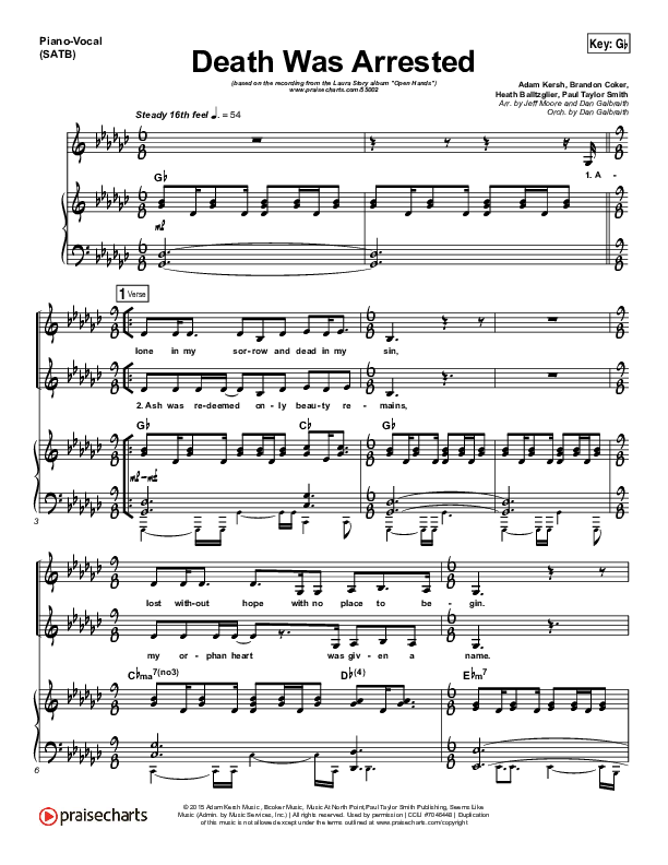 Death Was Arrested Piano/Vocal (SATB) (Laura Story)