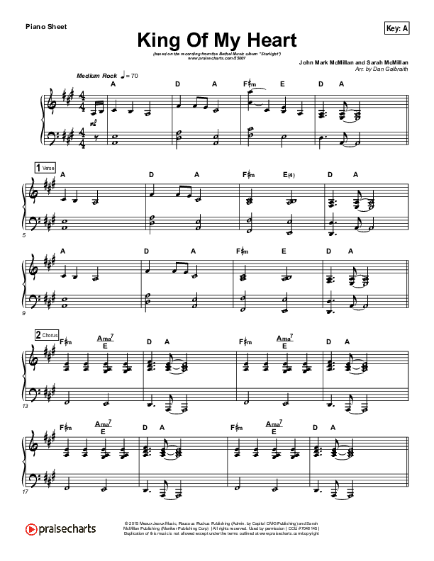 King Of My Heart Piano Sheet (Bethel Music)