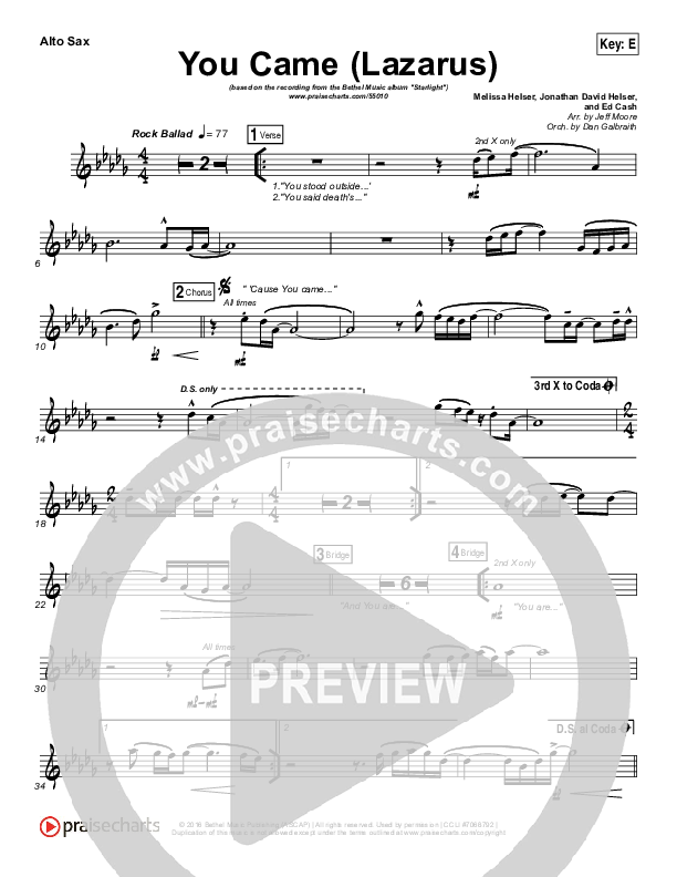 You Came (Lazarus) Alto Sax (Bethel Music / Melissa Helser)