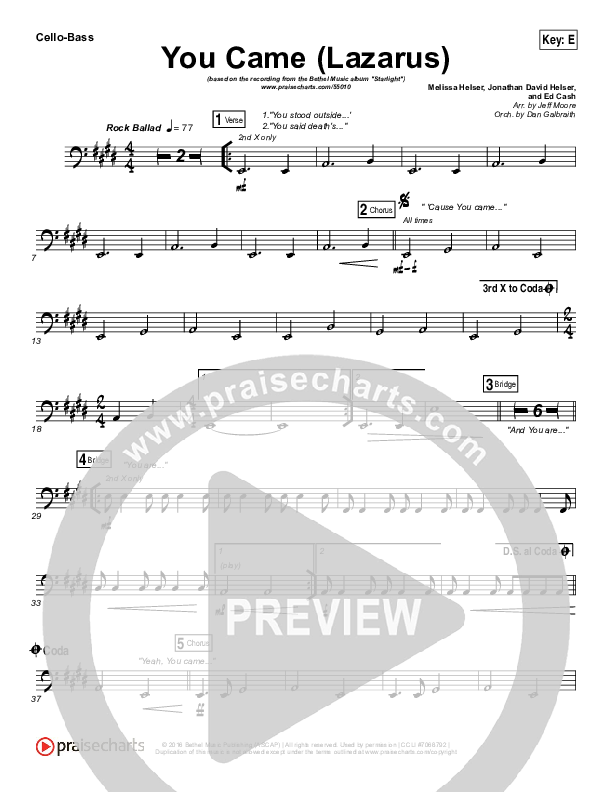 You Came (Lazarus) Cello/Bass (Bethel Music / Melissa Helser)