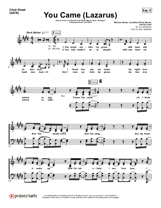 You Came (Lazarus) Choir Sheet (SATB) (Bethel Music / Melissa Helser)