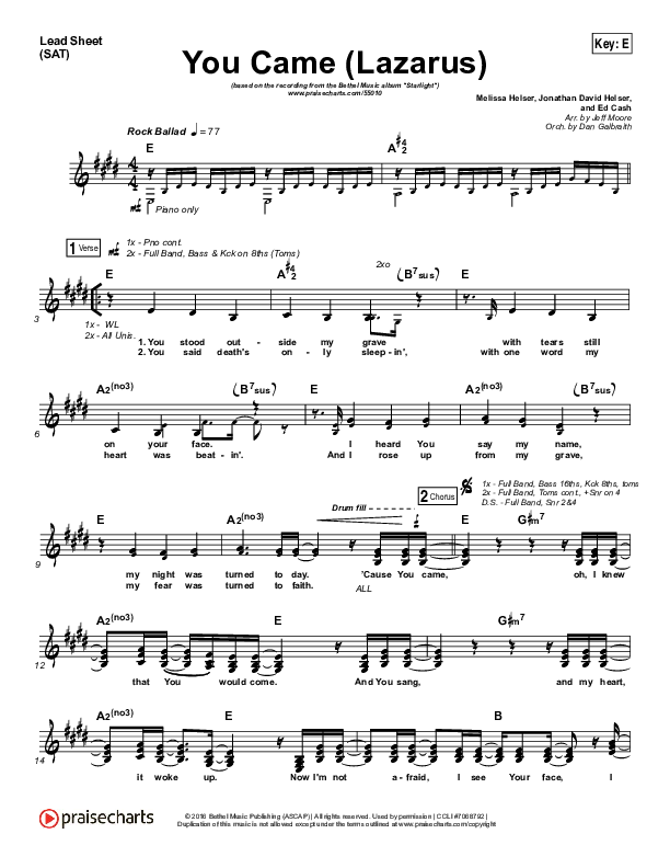 You Came (Lazarus) Lead Sheet (SAT) (Bethel Music / Melissa Helser)
