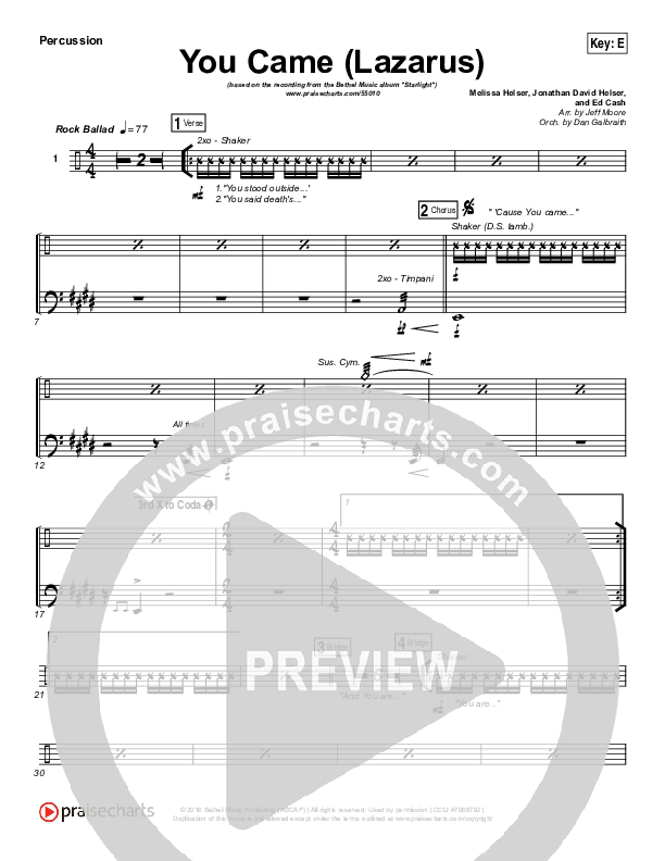 You Came (Lazarus) Percussion (Bethel Music / Melissa Helser)