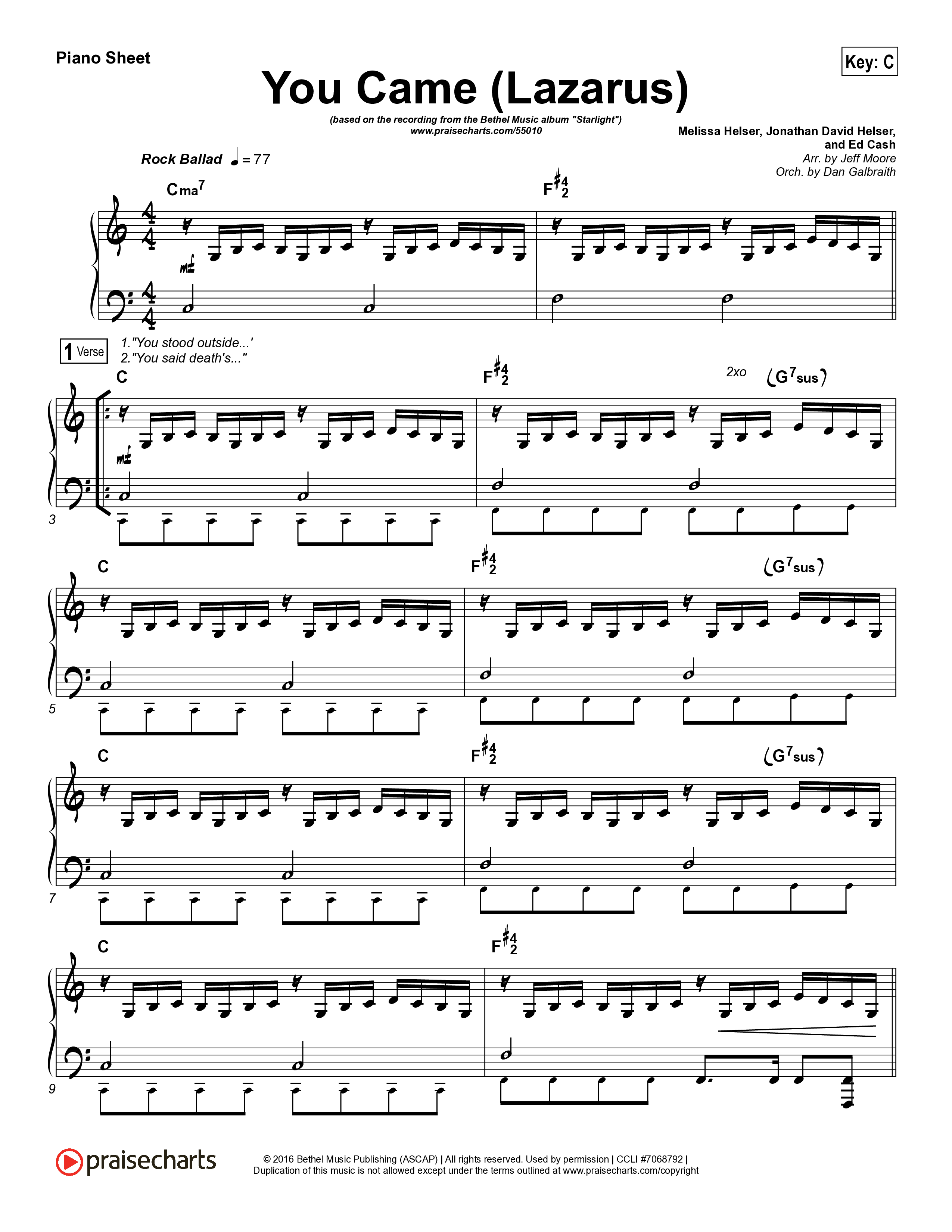 You Came (Lazarus) Piano Sheet (Bethel Music / Melissa Helser)