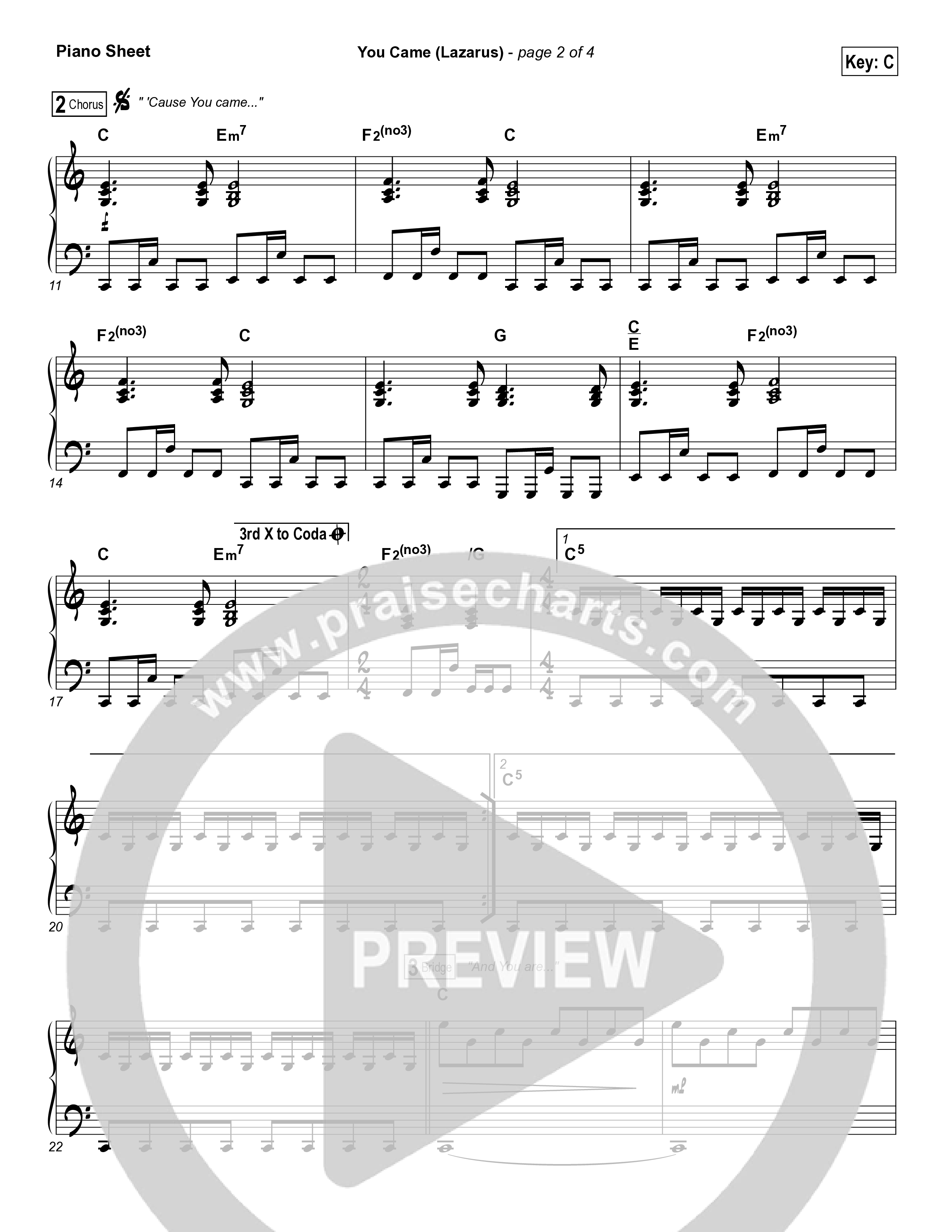 You Came (Lazarus) Piano Sheet (Bethel Music / Melissa Helser)