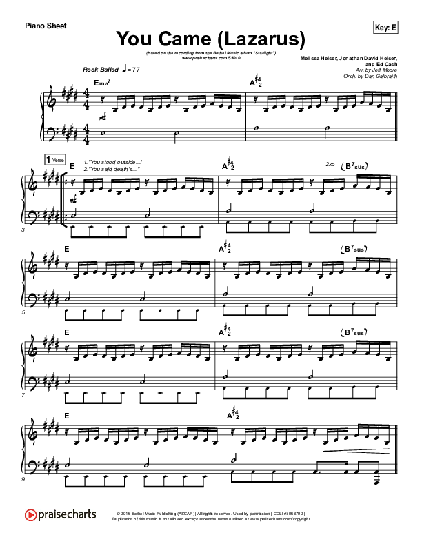 You Came (Lazarus) Piano Sheet (Bethel Music / Melissa Helser)