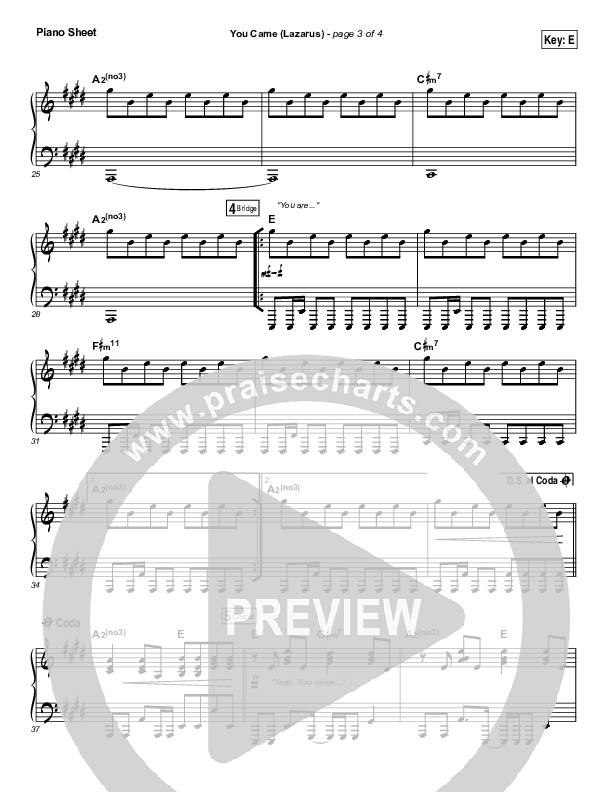 You Came (Lazarus) Piano Sheet (Bethel Music / Melissa Helser)