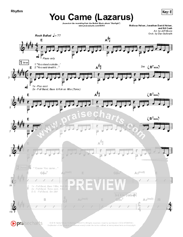 You Came (Lazarus) Rhythm Chart (Bethel Music / Melissa Helser)