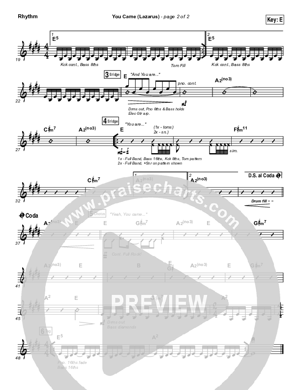 You Came (Lazarus) Rhythm Chart (Bethel Music / Melissa Helser)