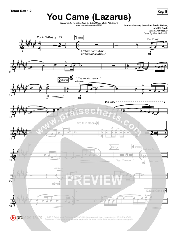 You Came (Lazarus) Tenor Sax 1/2 (Bethel Music / Melissa Helser)