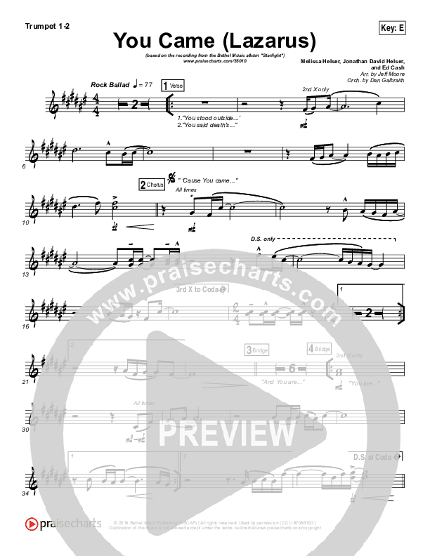 You Came (Lazarus) Trumpet 1,2 (Bethel Music / Melissa Helser)