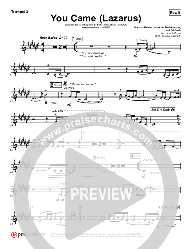 You Came (Lazarus) Trumpet 3 (Bethel Music / Melissa Helser)