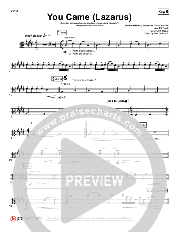 You Came (Lazarus) Viola (Bethel Music / Melissa Helser)