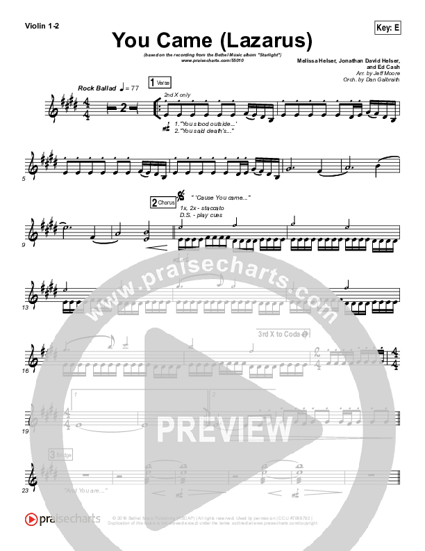 You Came (Lazarus) Violin 1/2 (Bethel Music / Melissa Helser)
