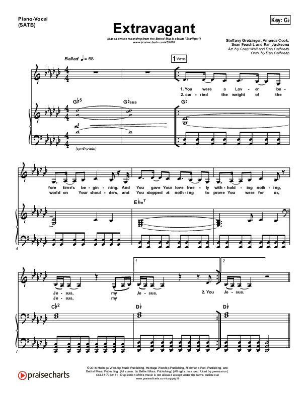 Extravagant Piano/Vocal (SATB) (Bethel Music)