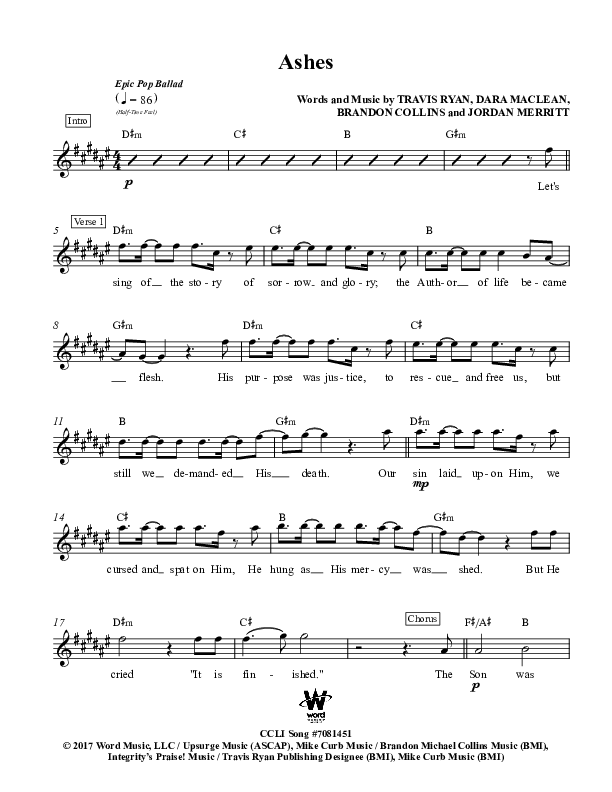 Ashes Lead Sheet (Dara Maclean / Chris McClarney)
