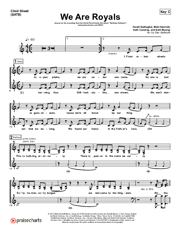 We Are Royals Vocal Sheet (SATB) (Print Only) (North Point Worship / Chris Cauley)
