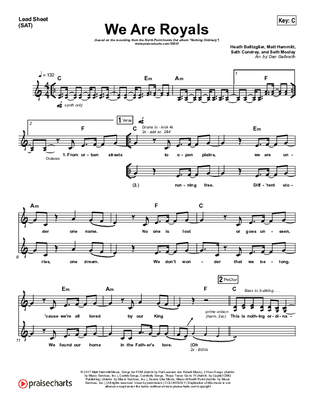 We Are Royals Lead Sheet (Print Only) (North Point Worship / Chris Cauley)