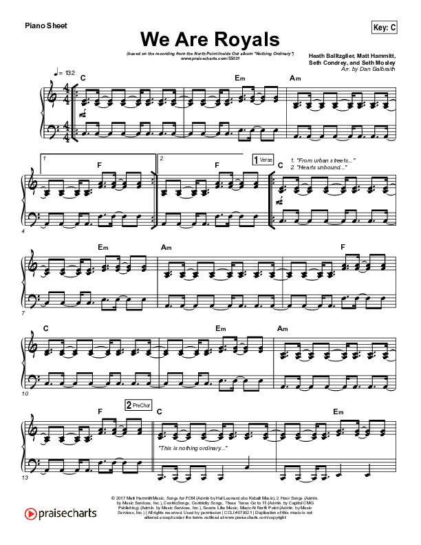 We Are Royals Piano Sheet (Print Only) (North Point Worship / Chris Cauley)