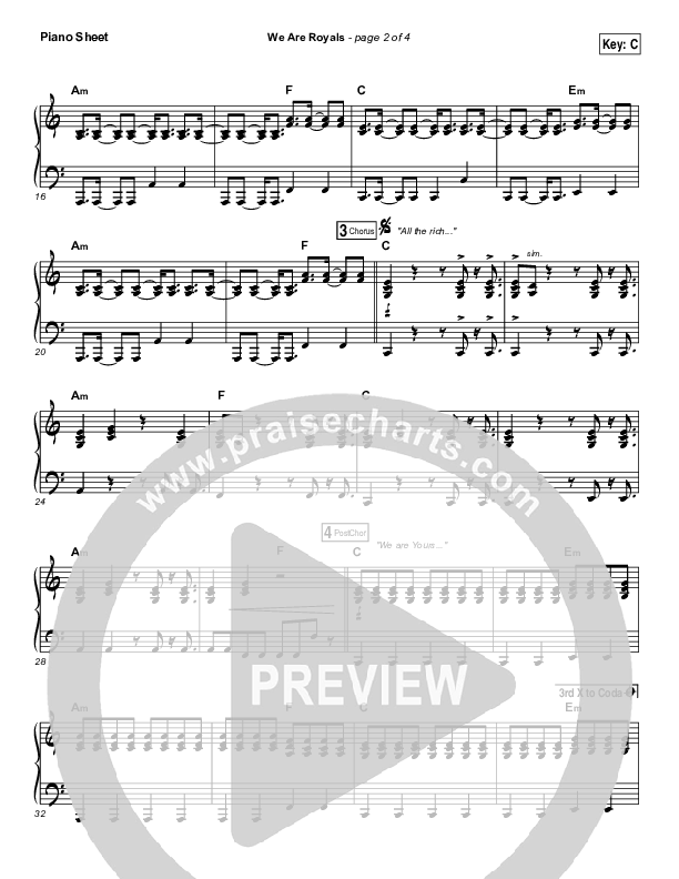 We Are Royals Piano Sheet (Print Only) (North Point Worship / Chris Cauley)