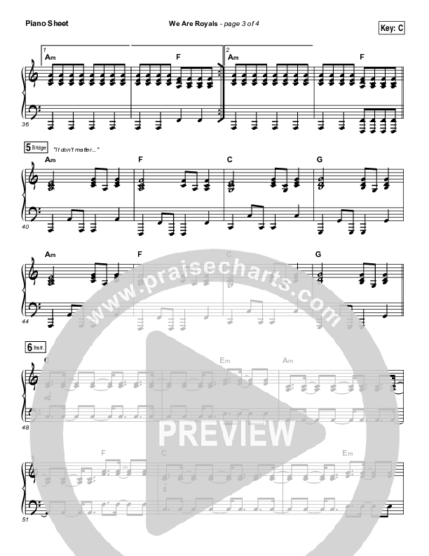 We Are Royals Piano Sheet (Print Only) (North Point Worship / Chris Cauley)