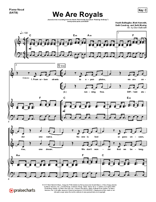 We Are Royals Piano/Vocal (Print Only) (North Point Worship / Chris Cauley)