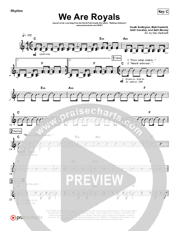 We Are Royals Rhythm Chart (Print Only) (North Point Worship / Chris Cauley)