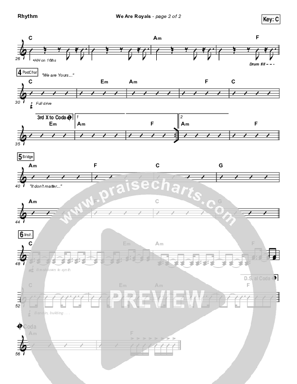 We Are Royals Rhythm Chart (Print Only) (North Point Worship / Chris Cauley)