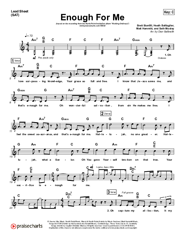 Enough For Me Lead Sheet (Print Only) (North Point Worship / Brett Stanfill)