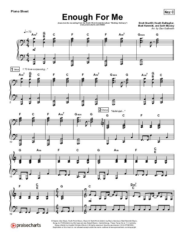 Enough For Me Piano Sheet (Print Only) (North Point Worship / Brett Stanfill)
