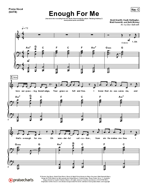 Enough For Me Piano/Vocal (Print Only) (North Point Worship / Brett Stanfill)