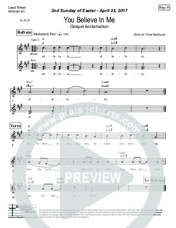 You Believe In Me (John 20) Lead Sheet (Victor Rodriguez)