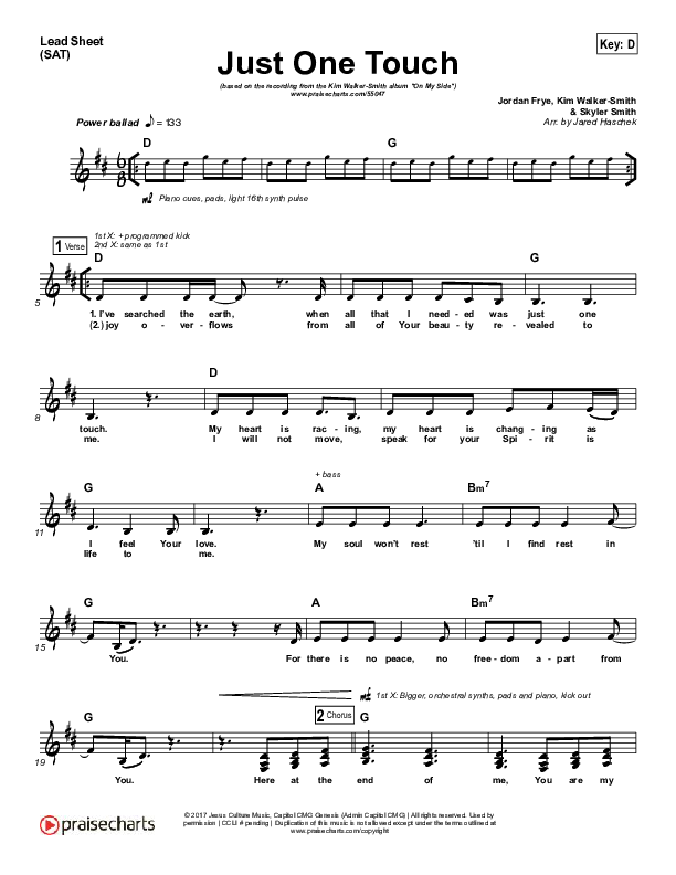 Just One Touch Lead Sheet (SAT) (Kim Walker-Smith)