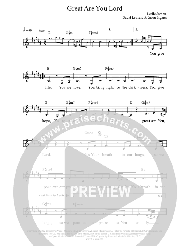 Great Are You Lord Lead Sheet (Jaci Velasquez / Nic Gonzales)