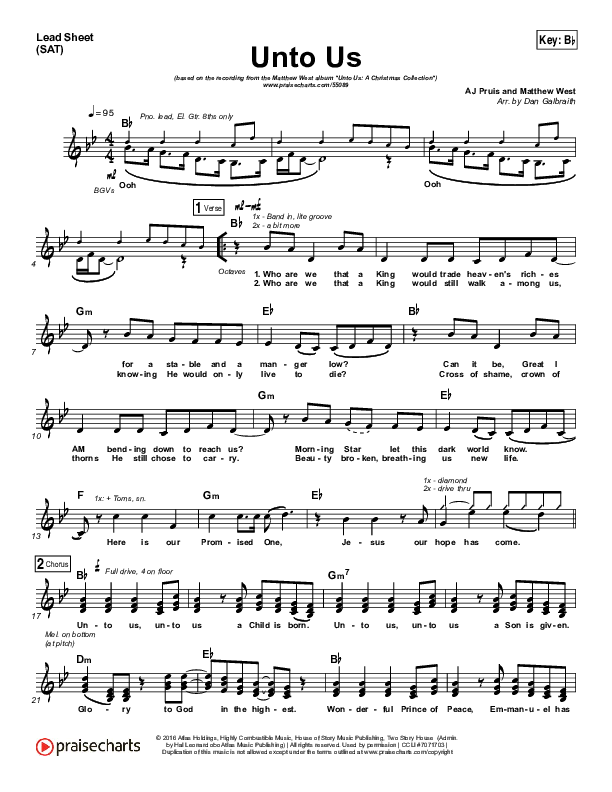 Unto Us Lead Sheet (Print Only) (Matthew West)